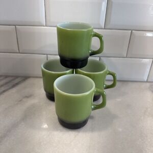 Vintage Fire King Anchor Hocking Stacking Mugs x4 Avocado Green w/Black ONA0041